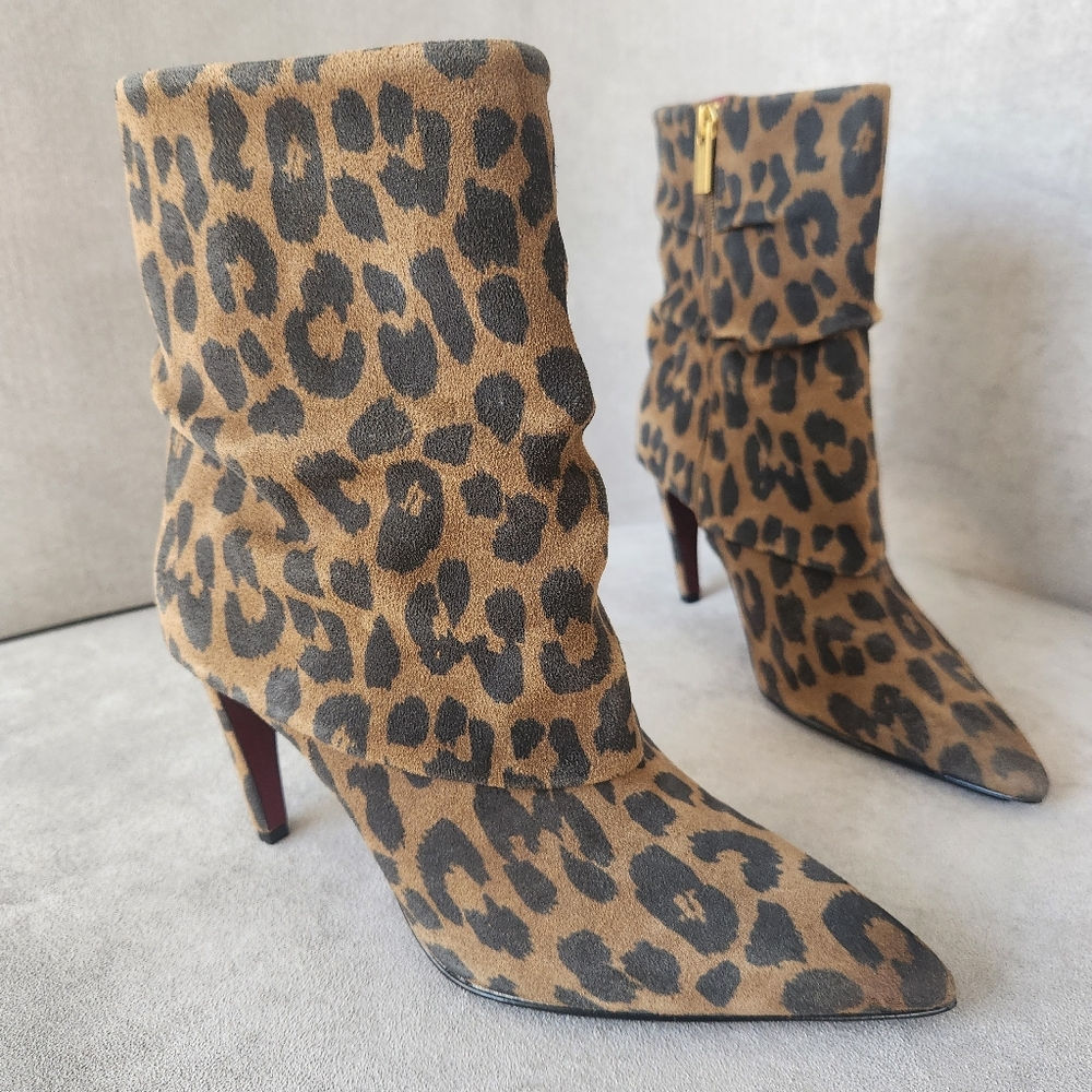Vince Camuto Heeled Boots 7.5 Leopard Print Brown Suede Blaira Pointy New $180
